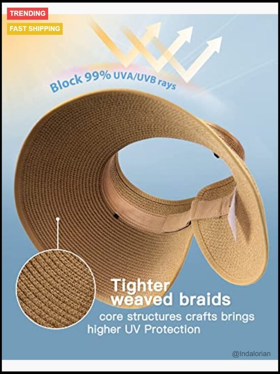 Wide Brim Straw Visor Hat UPF 50+ Sun Protection Packable Foldable Beach Travel main image 7